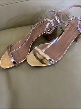 Aquazzura Metallic Rose Gold Strappy Block Heel Sandals
